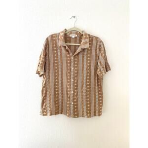 Morsecode Brown Embroidered Button Up Shirt Short Sleeve Size L